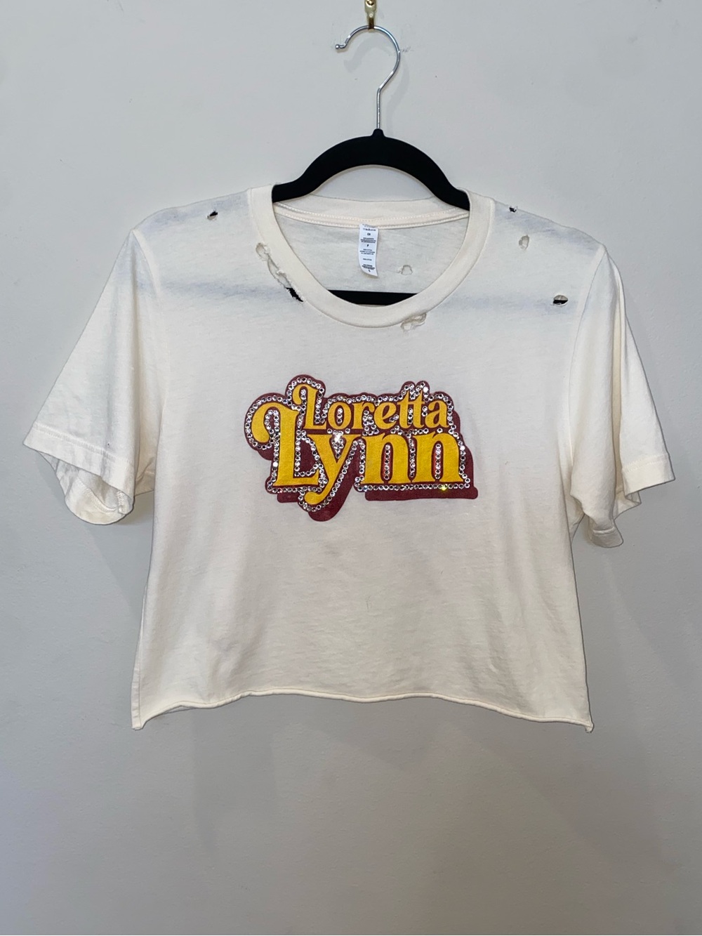 Vintage Cream Loretta Lynn Distressed Cropped Tee with Rhinestones Western Vtg